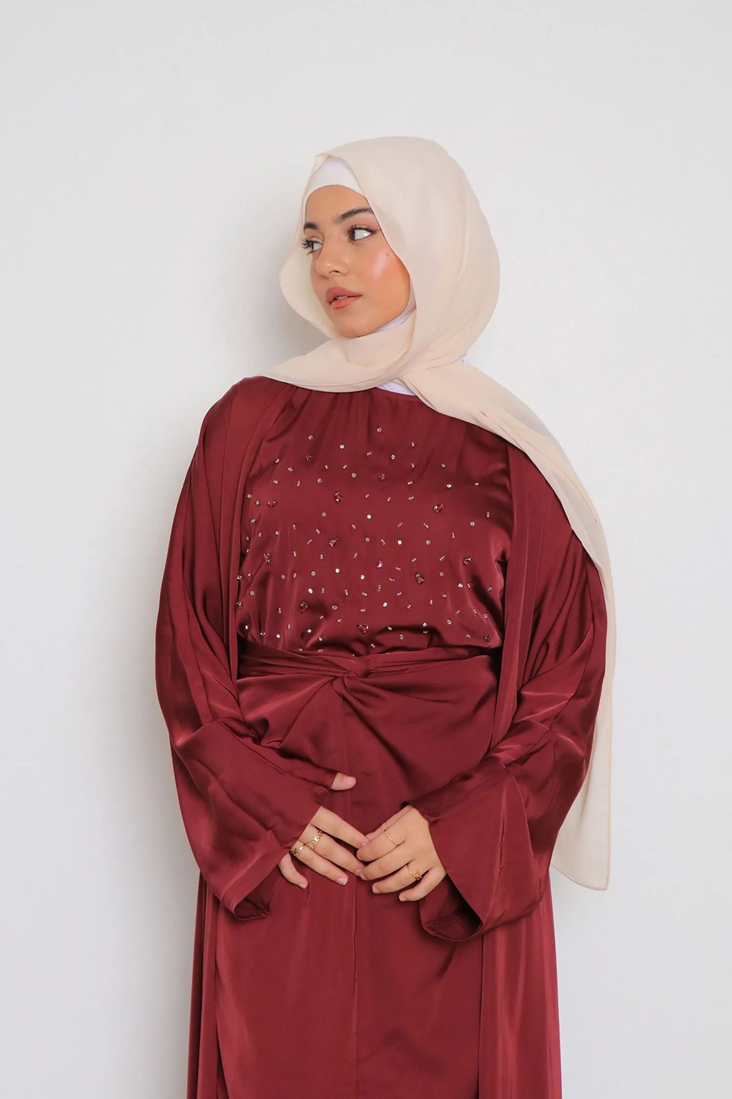 Celene Beaded Wrap Abaya Set- Burnt Sienna