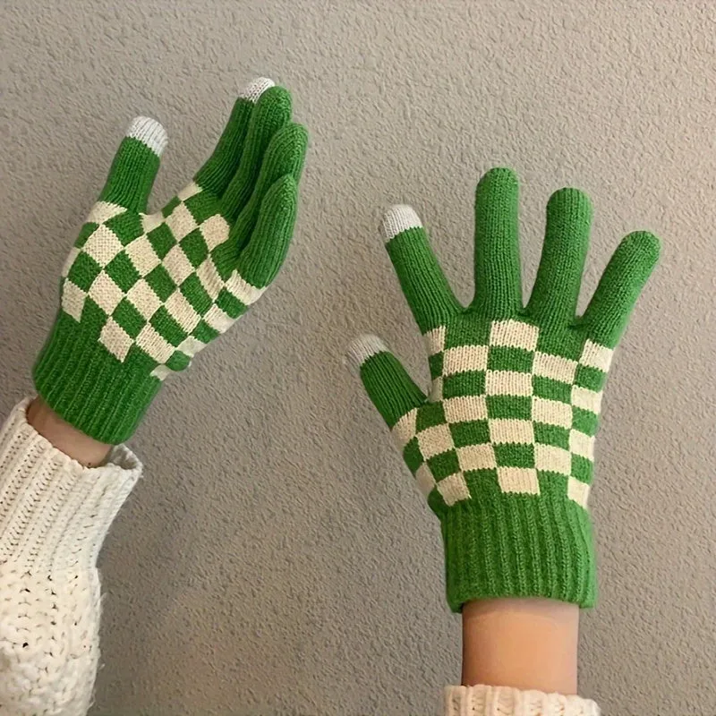 Checkerboard Pattern Knitting Gloves, Full Finger Winter Windproof Warm Gloves, Women's Stretchy Sports Gloves For Cycling Driving