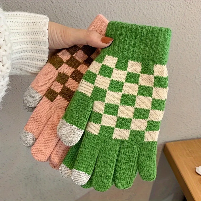 Checkerboard Pattern Knitting Gloves, Full Finger Winter Windproof Warm Gloves, Women's Stretchy Sports Gloves For Cycling Driving