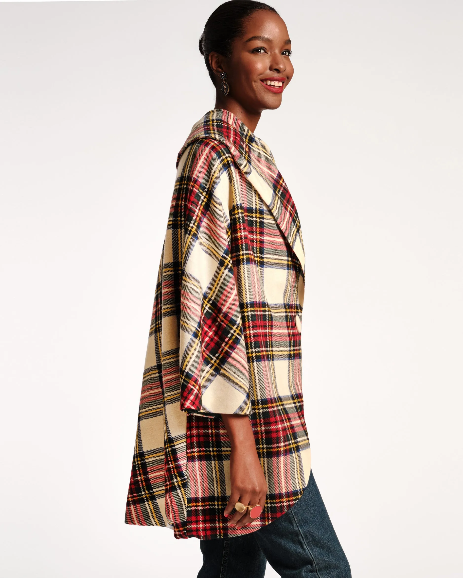 Cocoon Shawl Collar Wool Coat Christmas Plaid