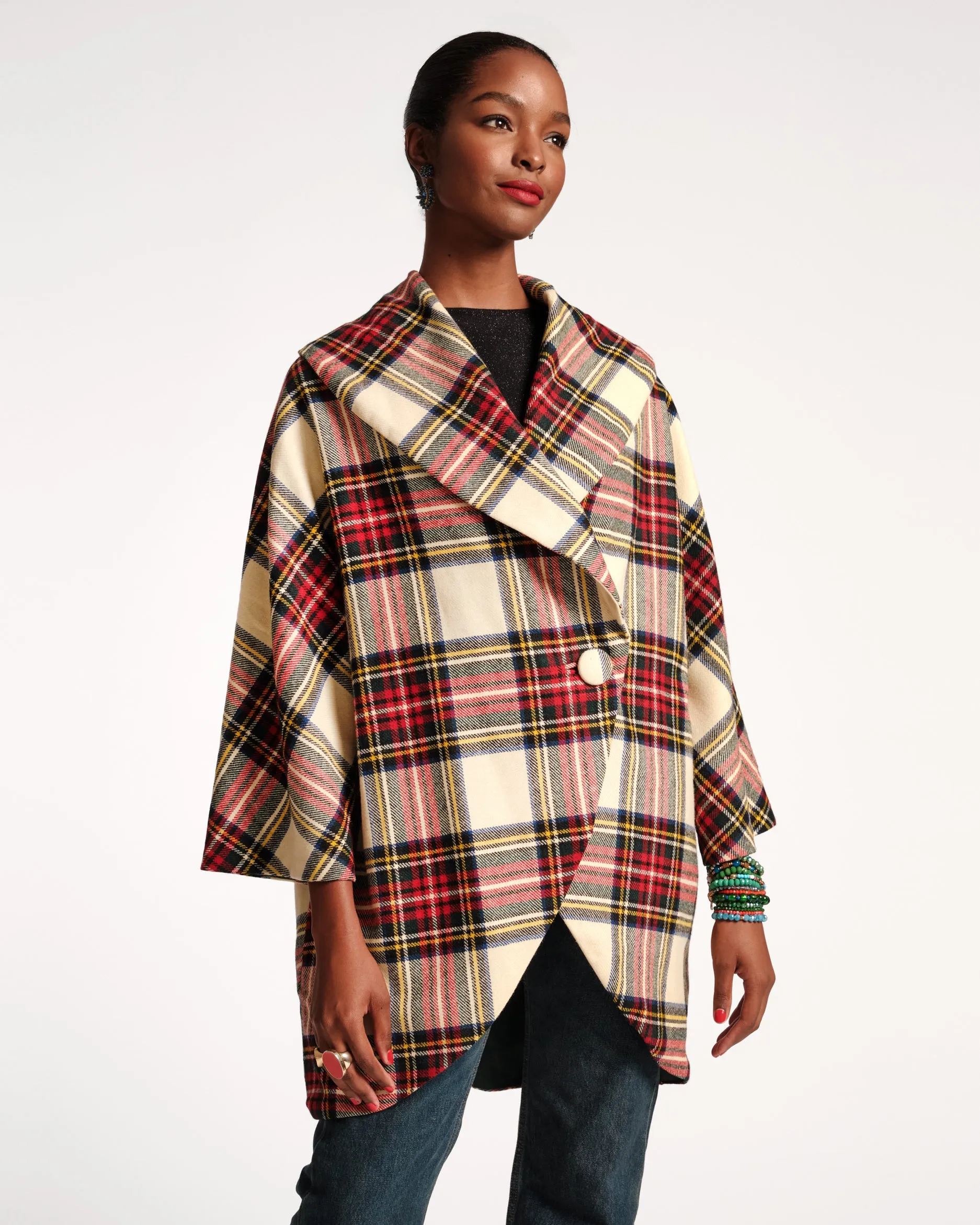 Cocoon Shawl Collar Wool Coat Christmas Plaid