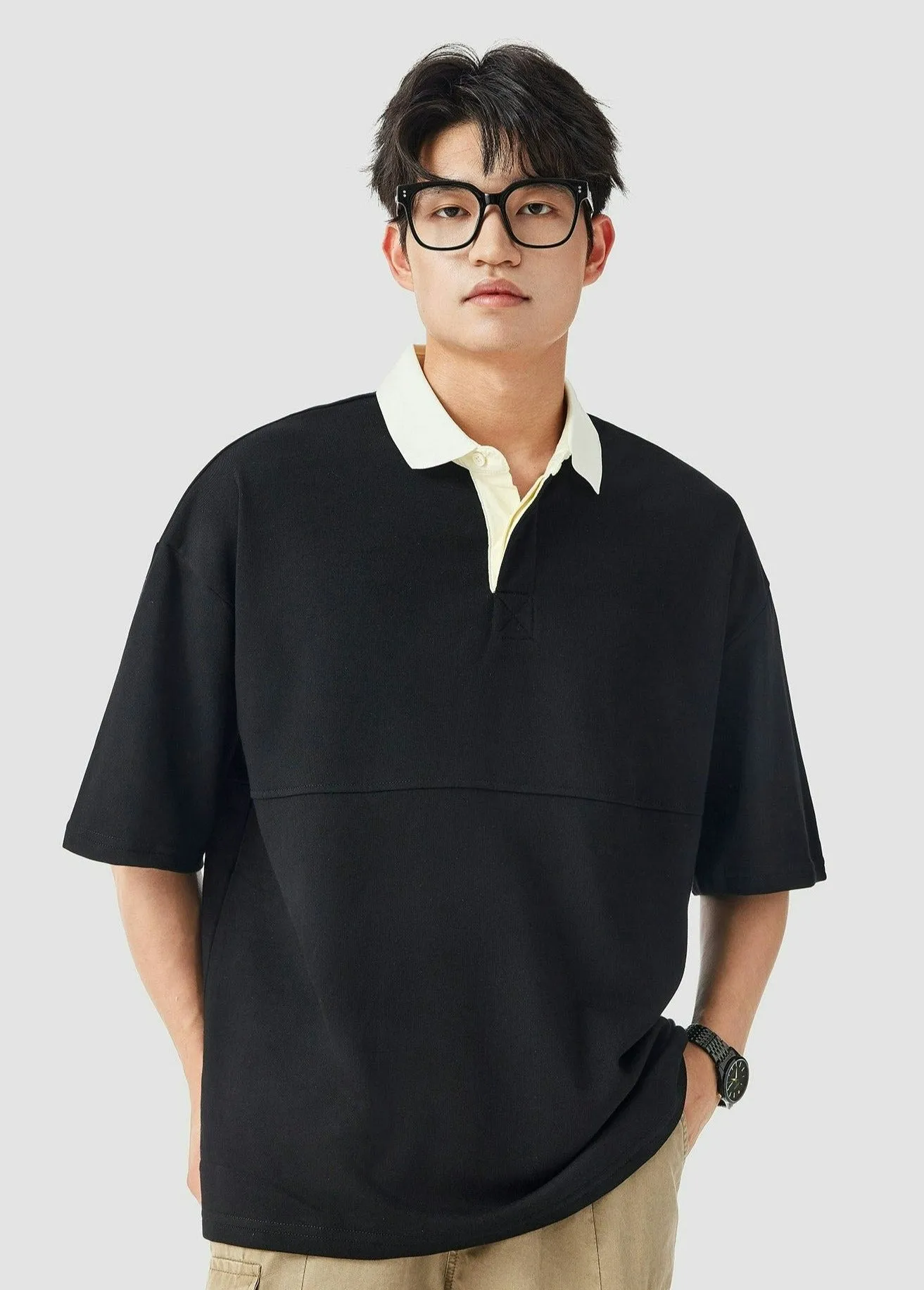 Contrast Collar Oversized Polo Shirt