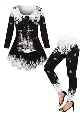 Cozy Christmas Snowman Snowflake Print Two-Piece Set - Soft Comfort Stretch Polyester Knit Crew Neck Long Sleeve Tunic Top and High-Waist Leggings Outfit for Women - Festive Holiday Wear with Relaxed Fit and Vibrant Colors