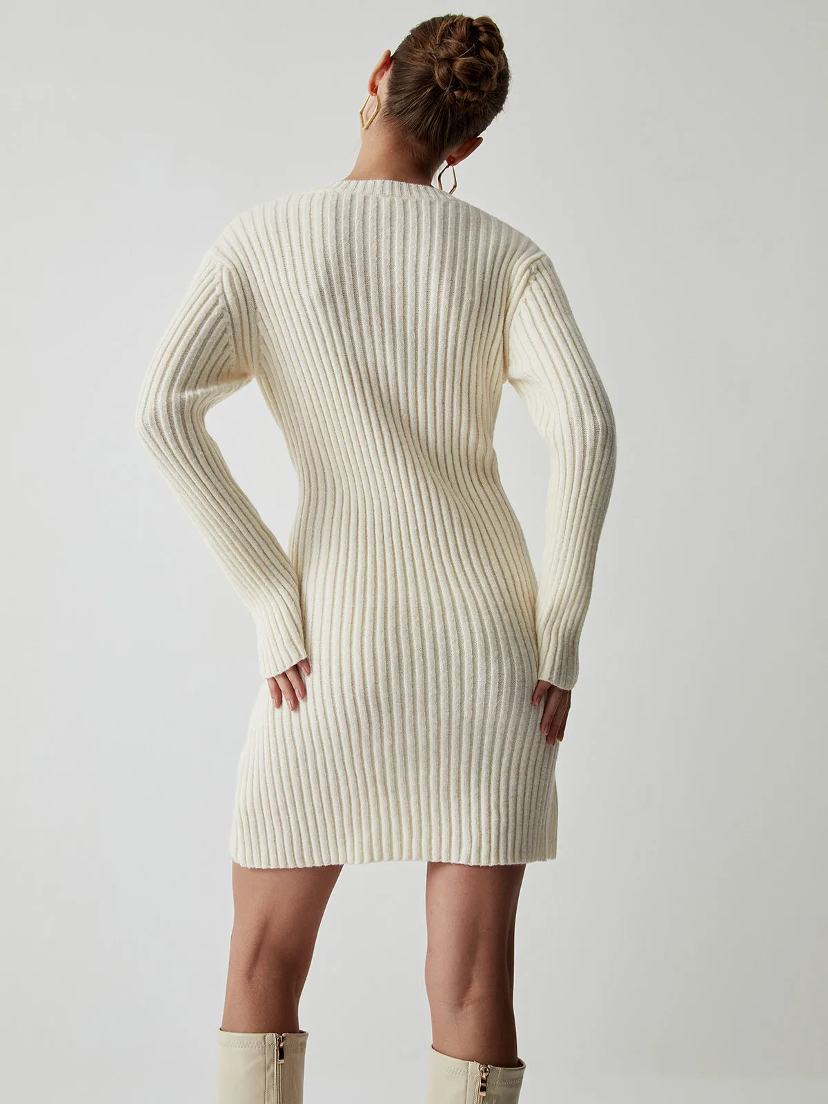 Cream Rib Long Trendy Sleeve Short Sweater Dress