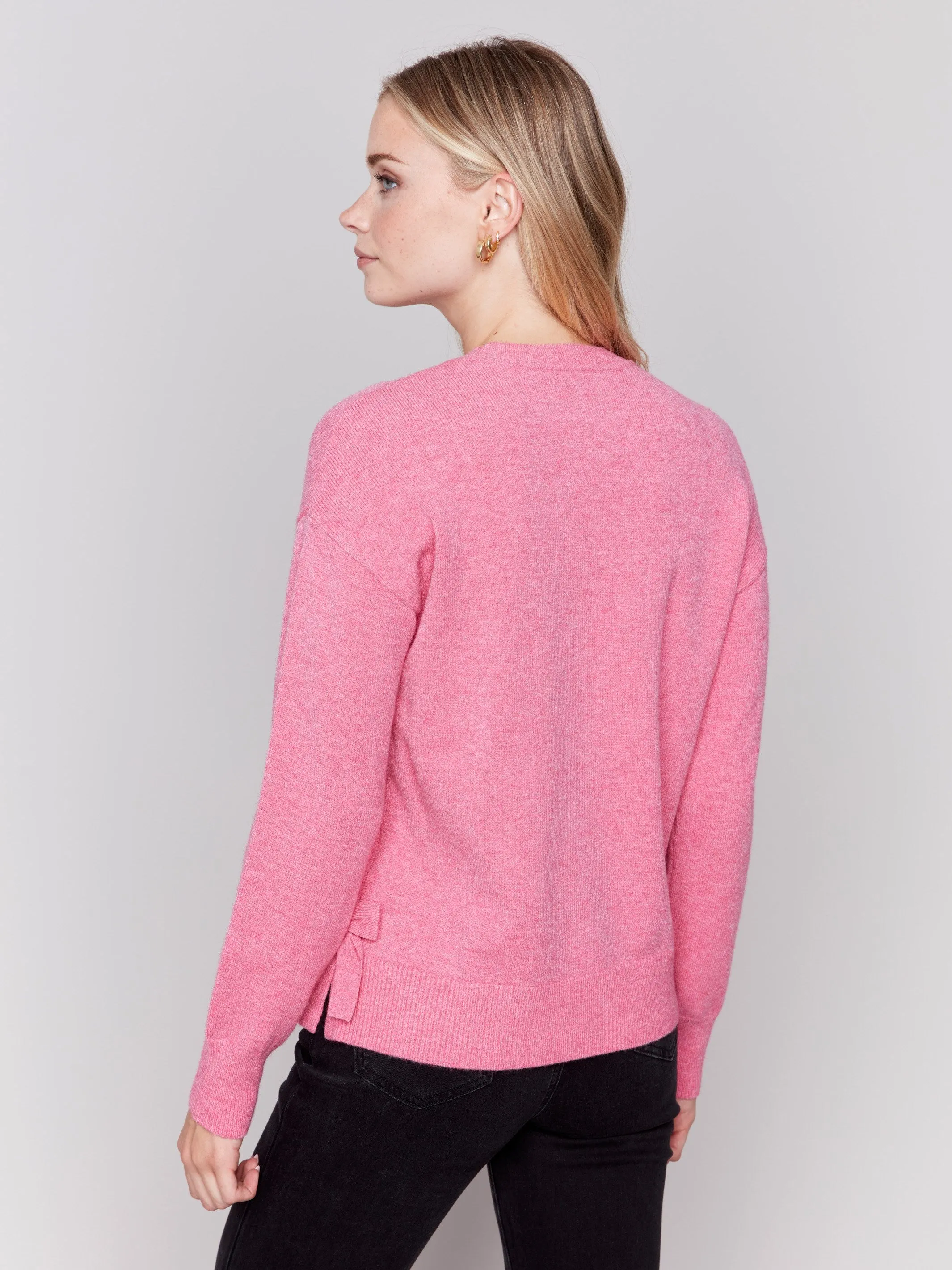 Crew Neck Sweater with Side Bows - Magenta