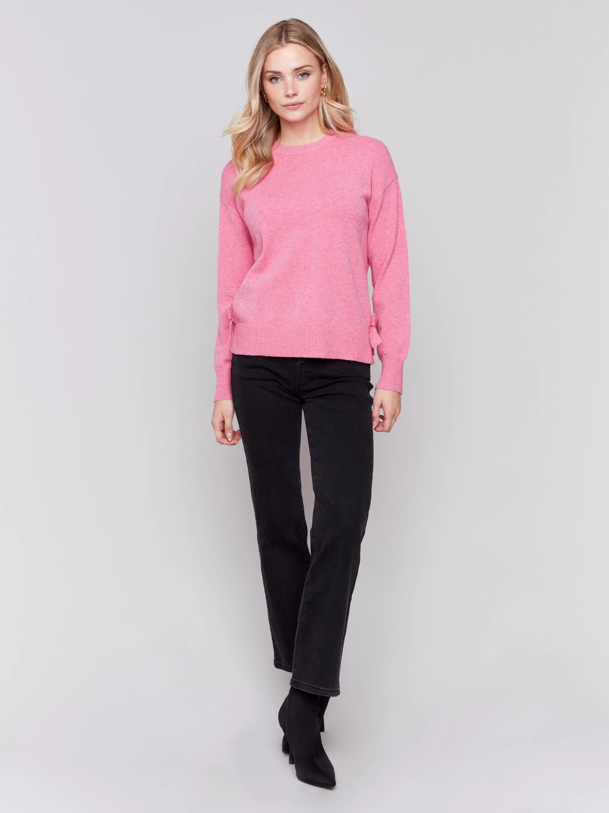 Crew Neck Sweater with Side Bows - Magenta