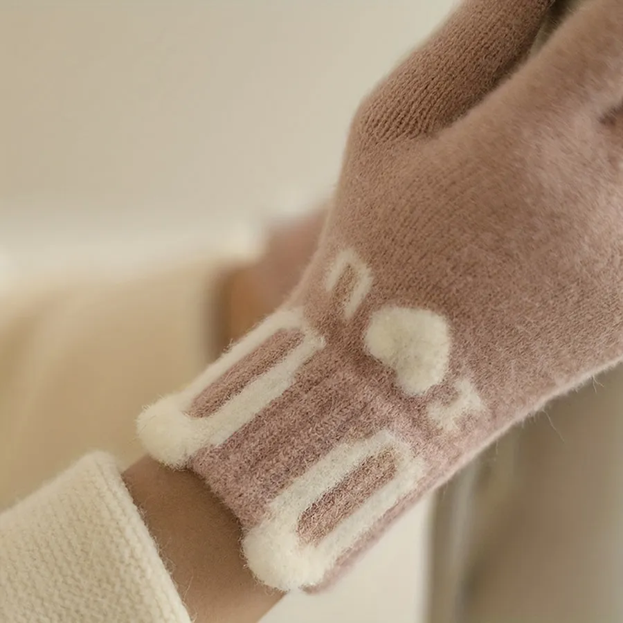 Cute Cartoon Bear Velvet Gloves Elastic Touch Screen Full Finger Gloves Winter Female Cycling Windproof Warm Gloves