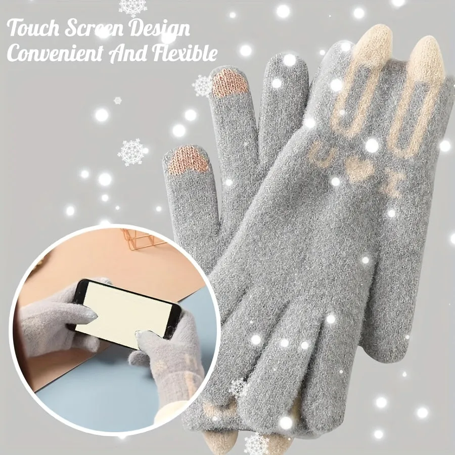 Cute Cartoon Bear Velvet Gloves Elastic Touch Screen Full Finger Gloves Winter Female Cycling Windproof Warm Gloves