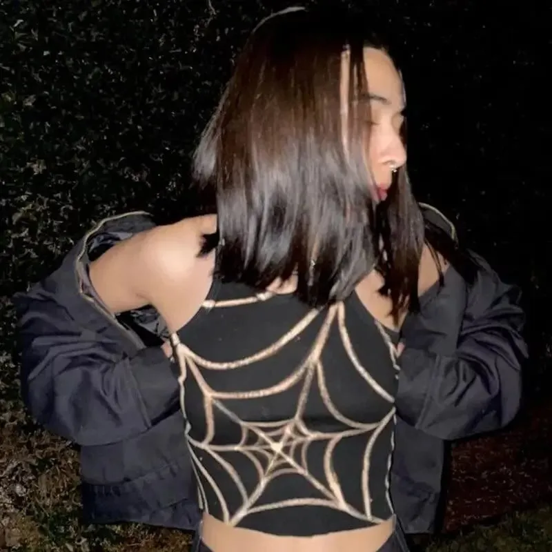 Dark Grunge Crop Spider Web Gothic Graphic Top