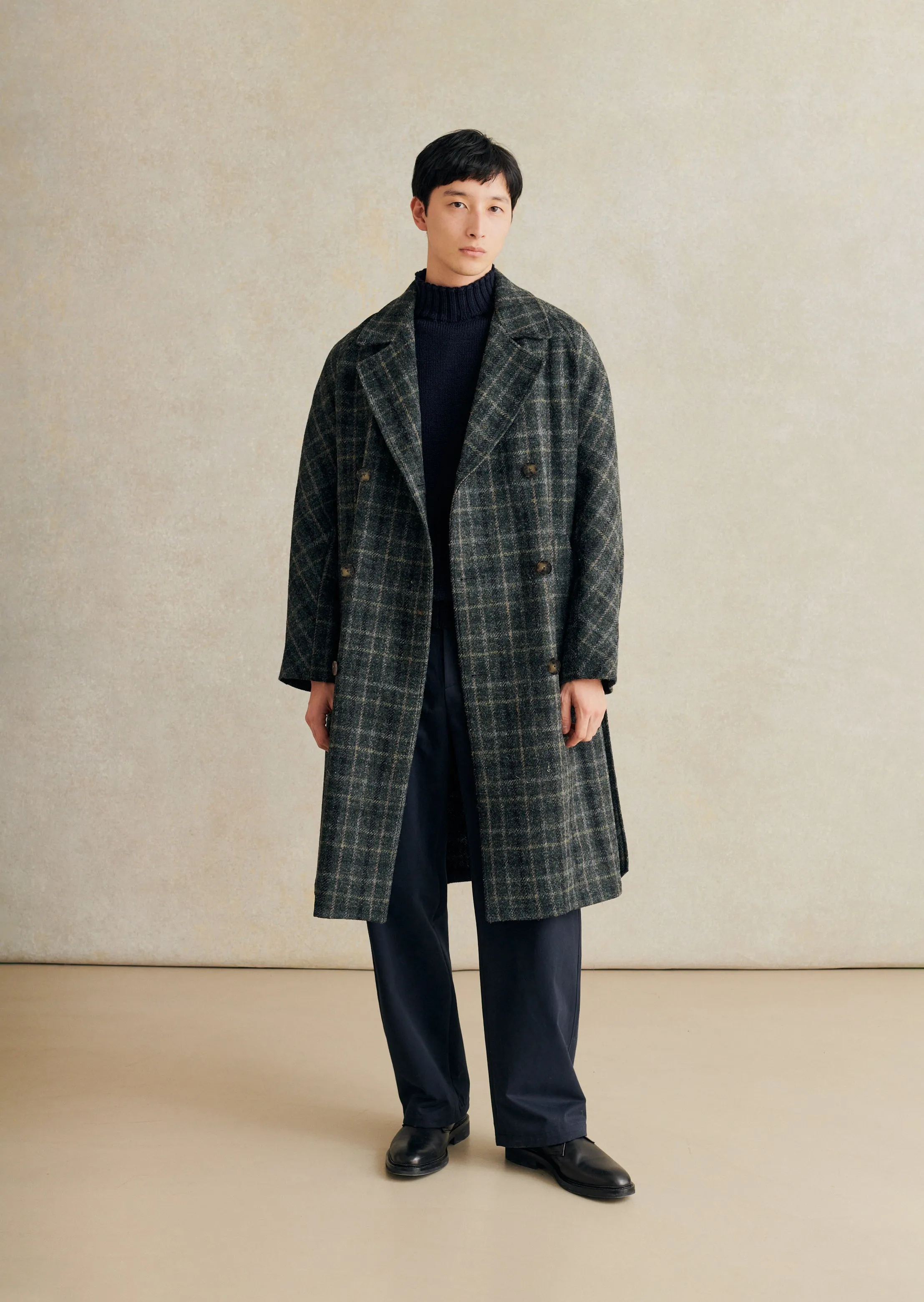 De Bonne Facture Grandad Coat Harris Tweed Wool / Grey Windowpane Check