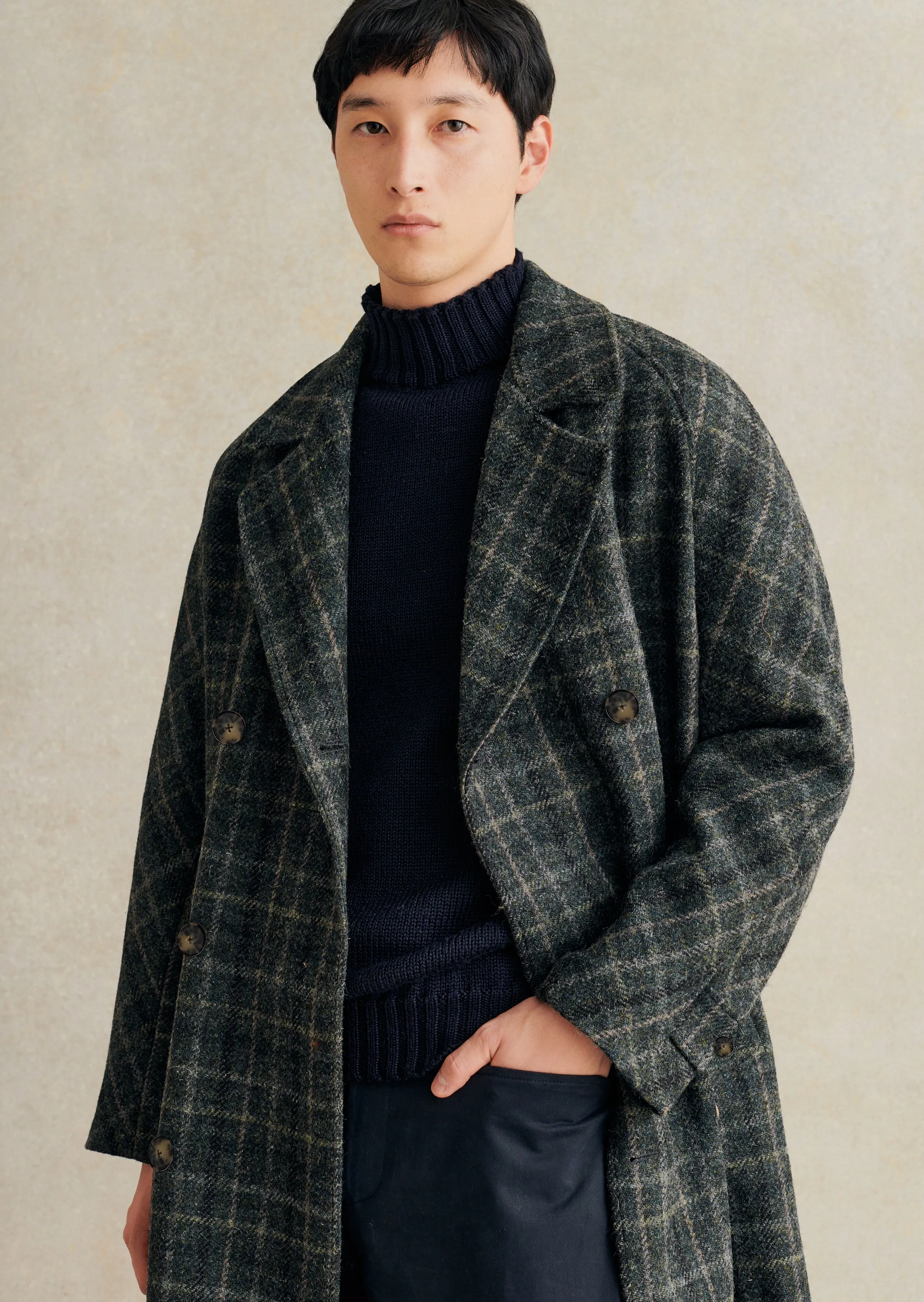 De Bonne Facture Grandad Coat Harris Tweed Wool / Grey Windowpane Check