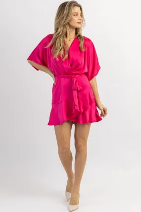 DELLA FUCHSIA SATIN WRAP MINI DRESS