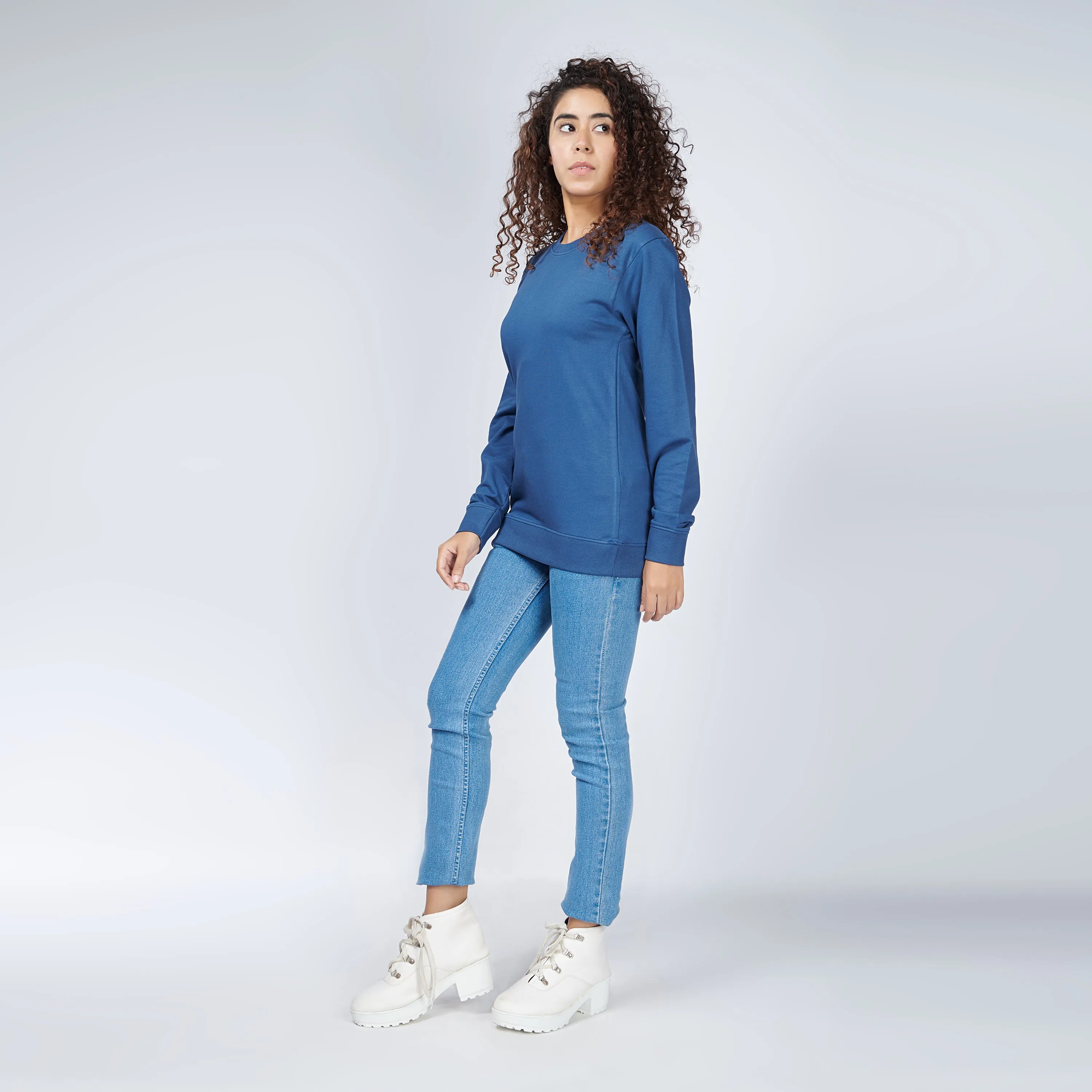 Denim Blue Crew Neck Sweatshirt for Women