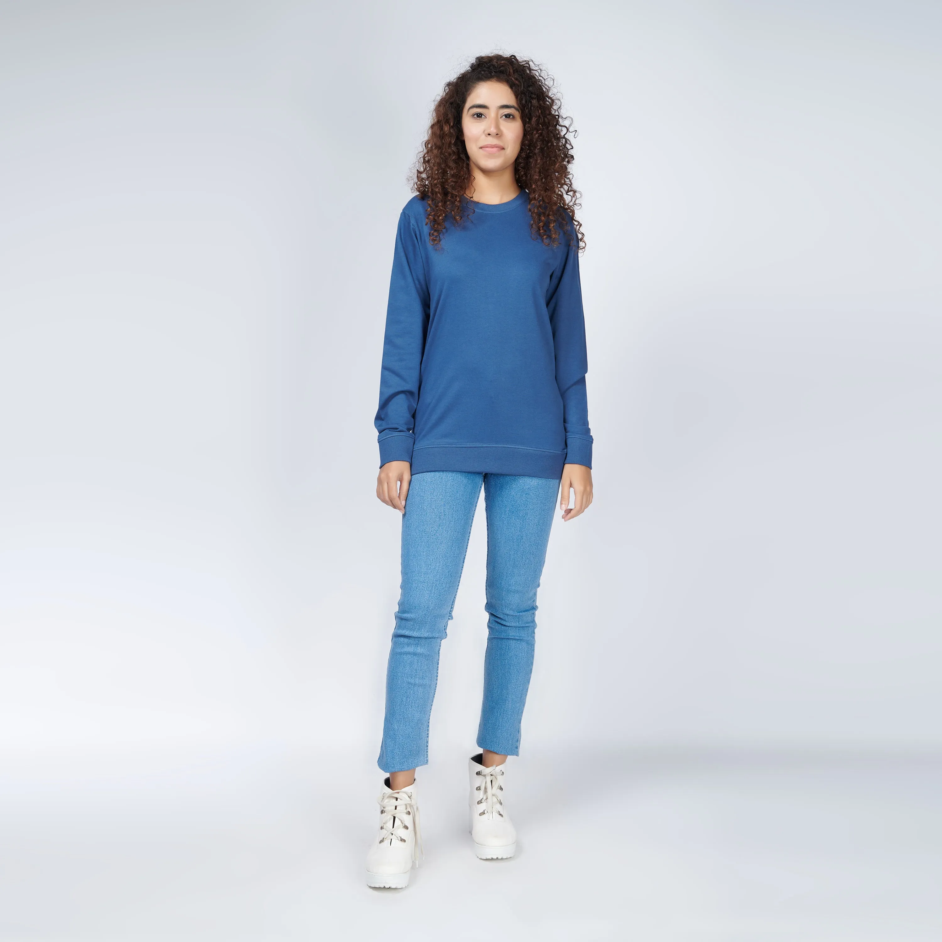 Denim Blue Crew Neck Sweatshirt for Women