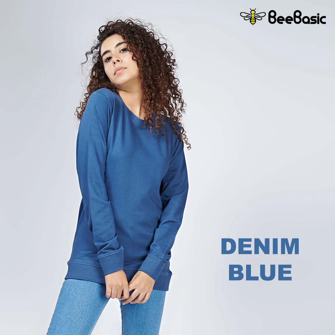 Denim Blue Crew Neck Sweatshirt for Women