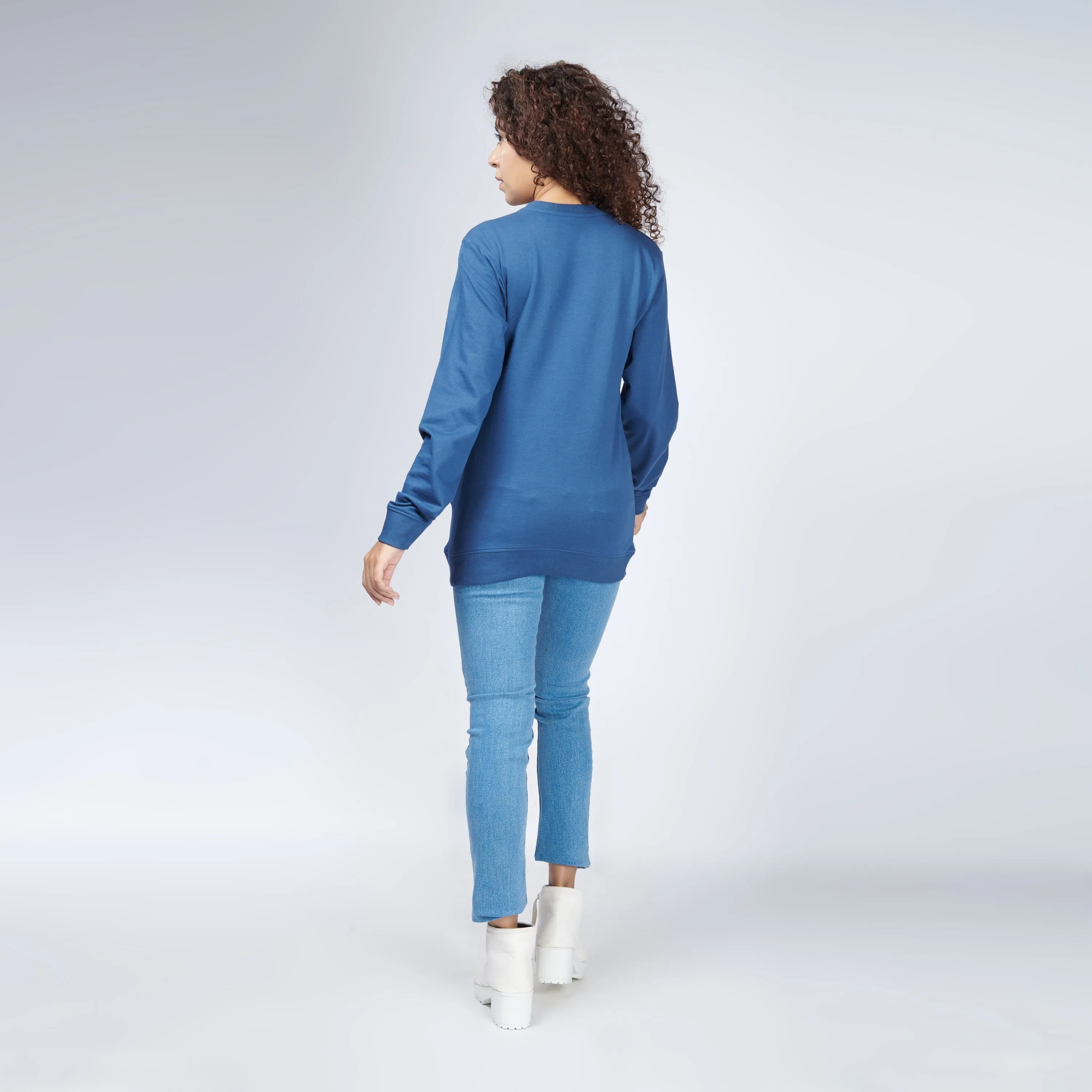 Denim Blue Crew Neck Sweatshirt for Women