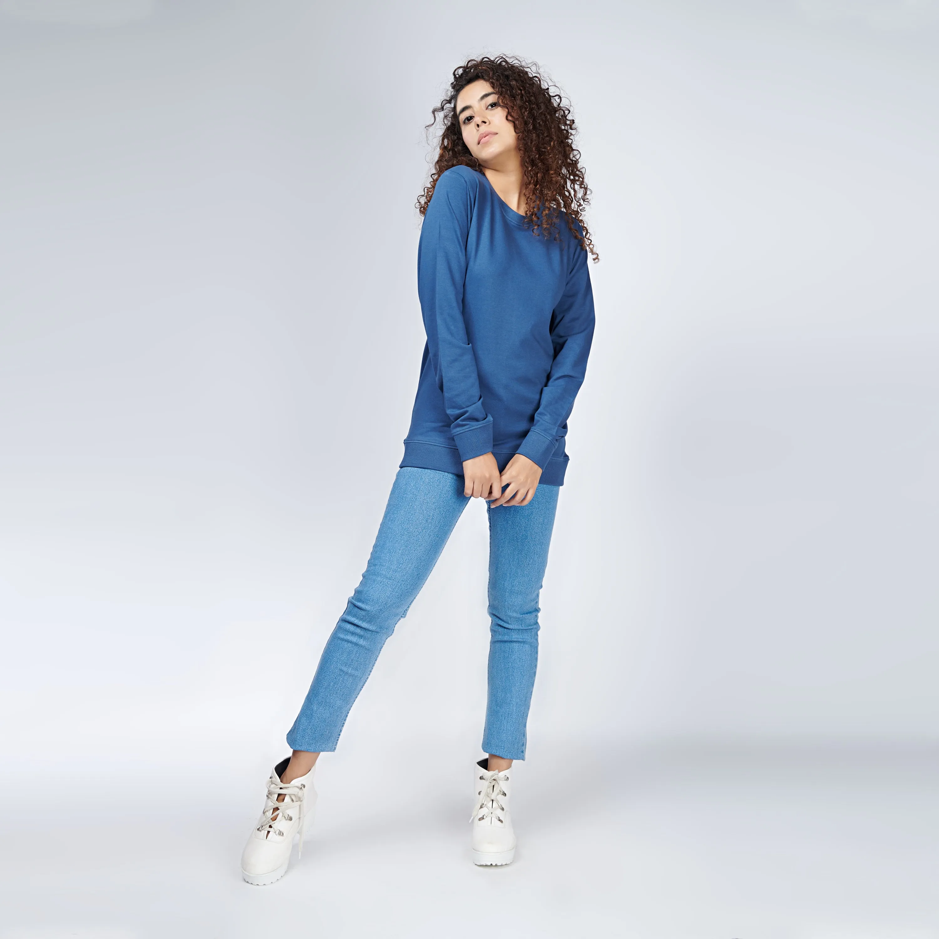 Denim Blue Crew Neck Sweatshirt for Women