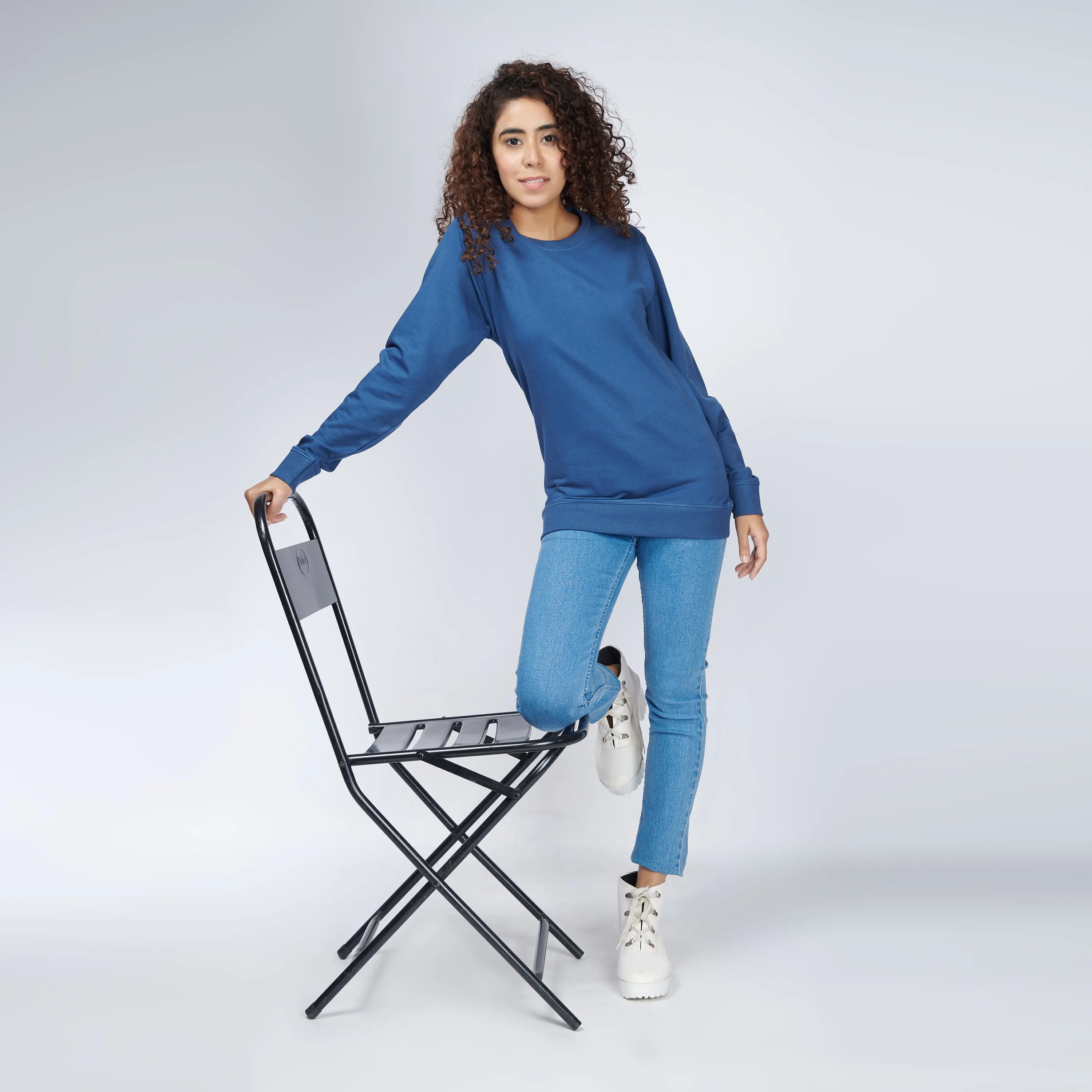 Denim Blue Crew Neck Sweatshirt for Women