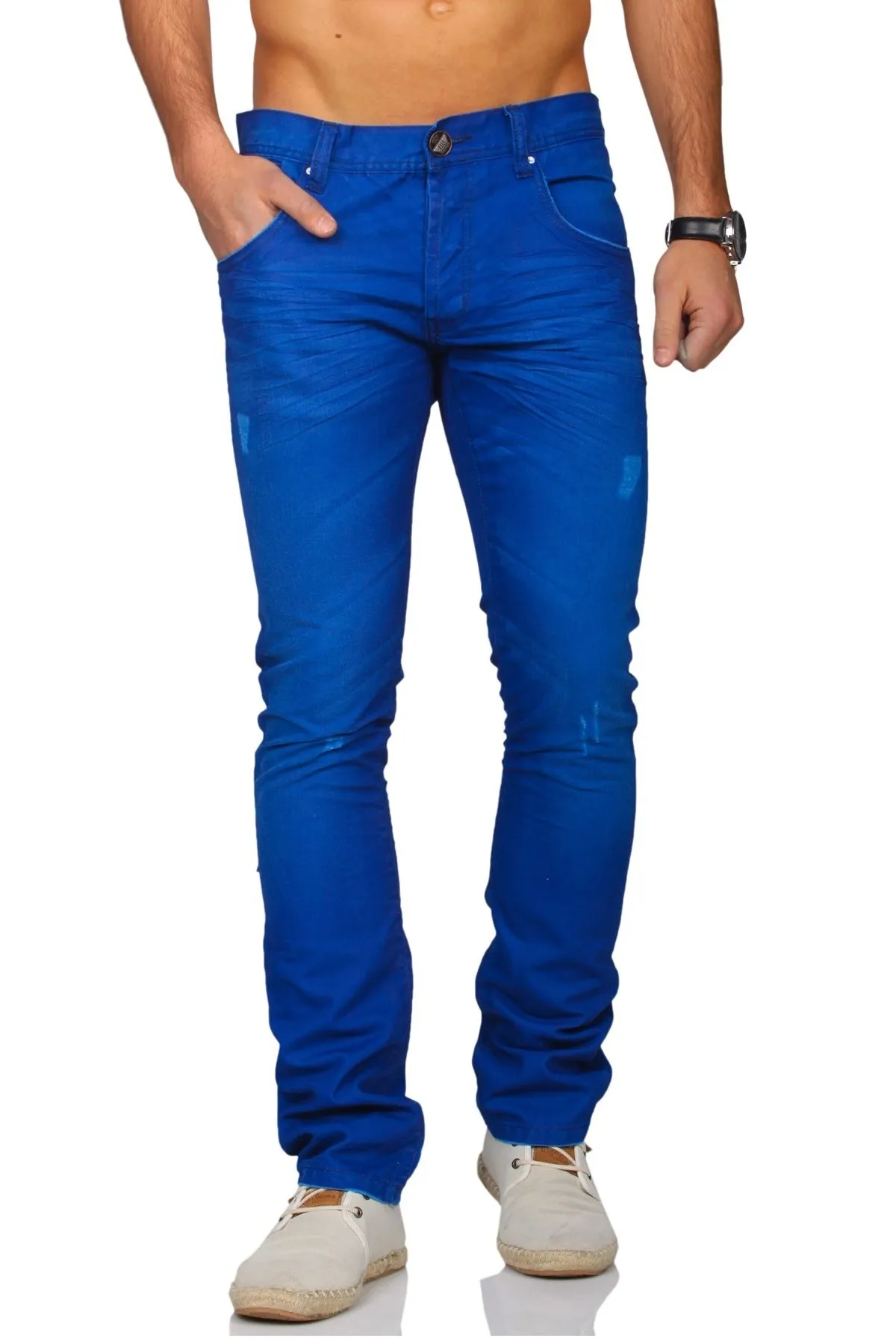 Distressed Faux Denim Chino  Trousers Pants - Blue