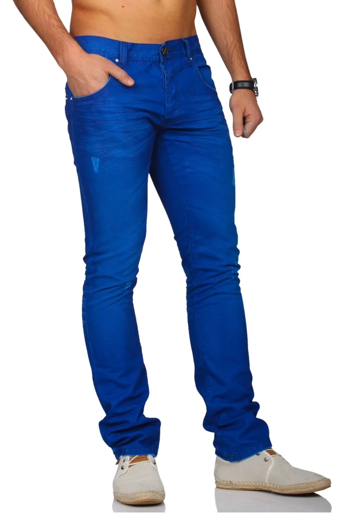 Distressed Faux Denim Chino  Trousers Pants - Blue