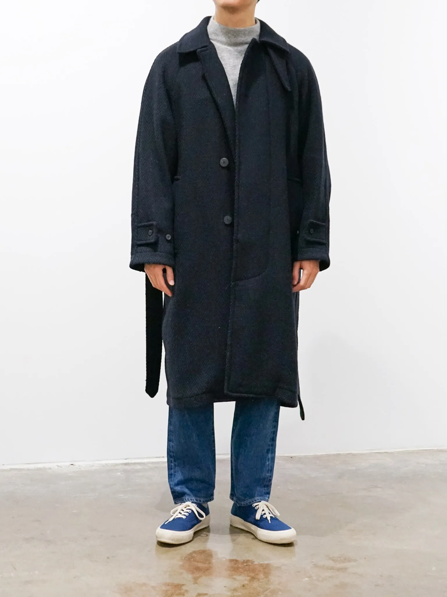 Donegal Tweed Oversized Balmacaan Coat - Navy