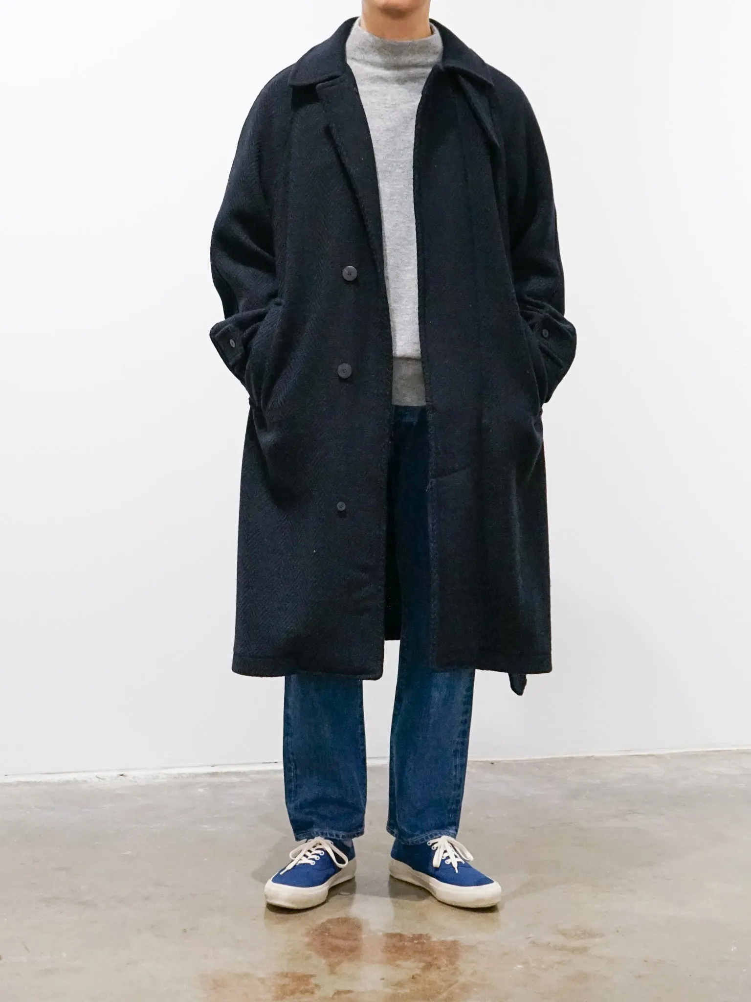 Donegal Tweed Oversized Balmacaan Coat - Navy