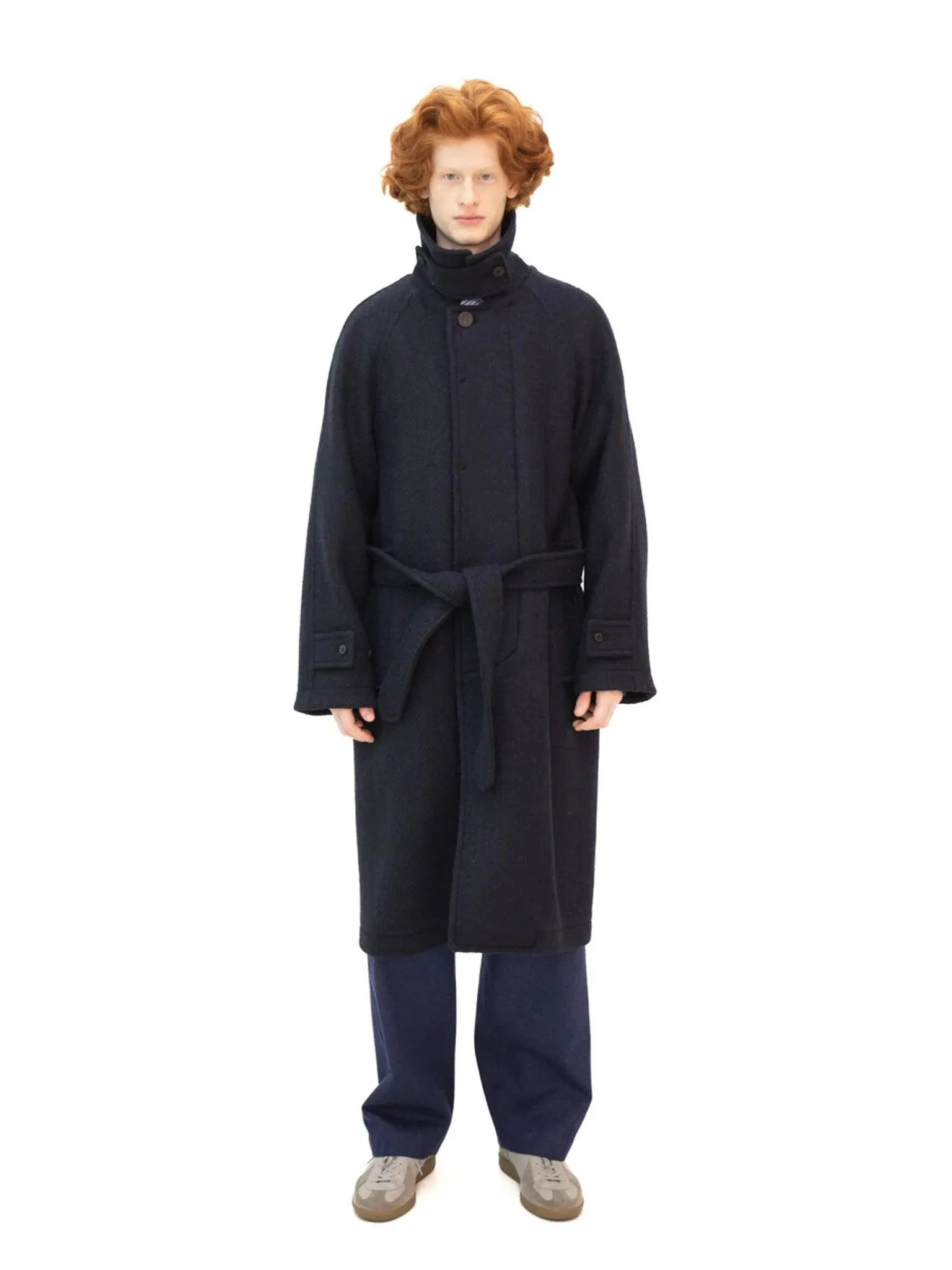 Donegal Tweed Oversized Balmacaan Coat - Navy