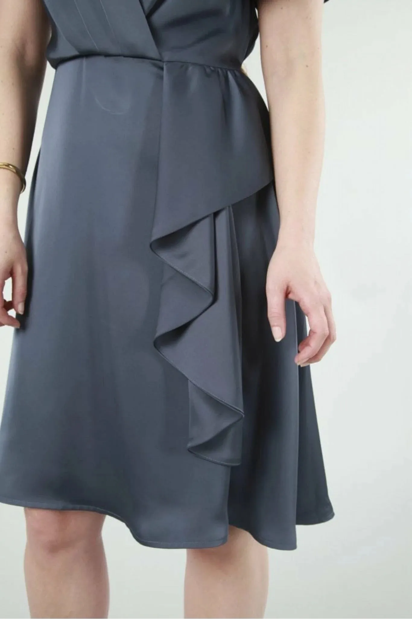 Double Second Dark Grey Wrap Frill Front Satin Dress