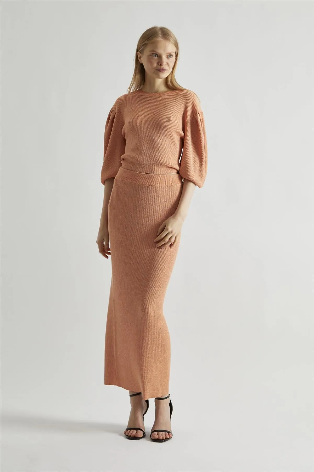 Dusty-Peach Glitter Knitted Bodycon Midaxi-Skirt