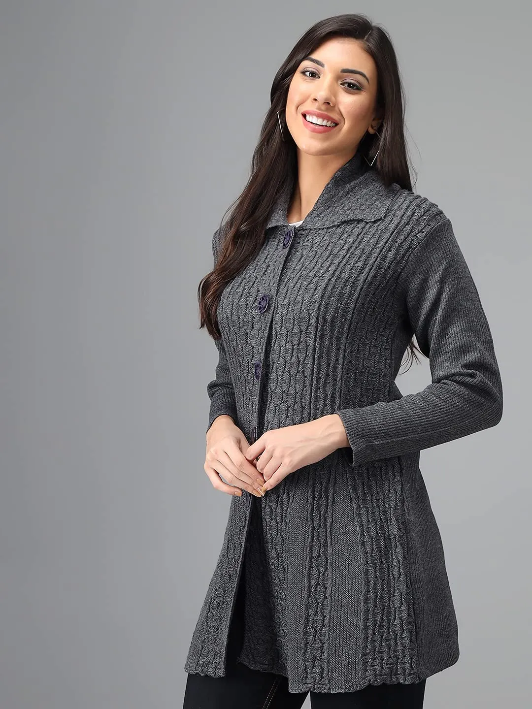 eKools Women's Wool Blend Banded Collar Sweater (Coat8-L-Grey Grey_L)