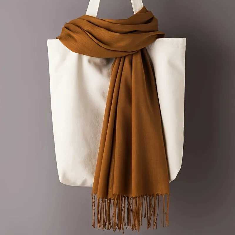 Elegant Solid Color Scarf For Women - Soft, Warm, And Windproof Winter Shawl With Tassels - Chic Neck Protection Accessory