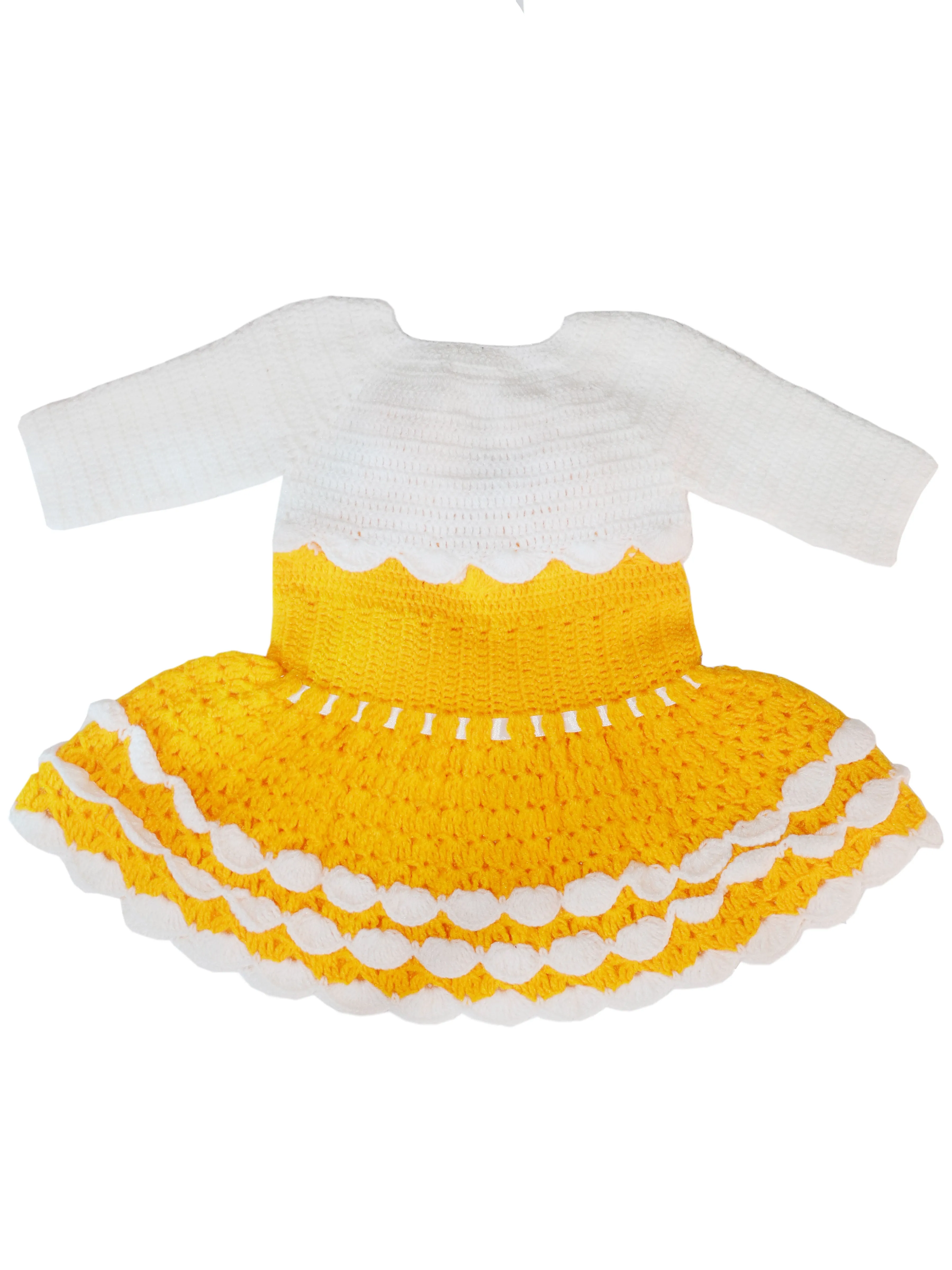 Elegant Style Crochet Handmade Baby Frock With Short Cardigan, Booties & Cap- Marigold & White