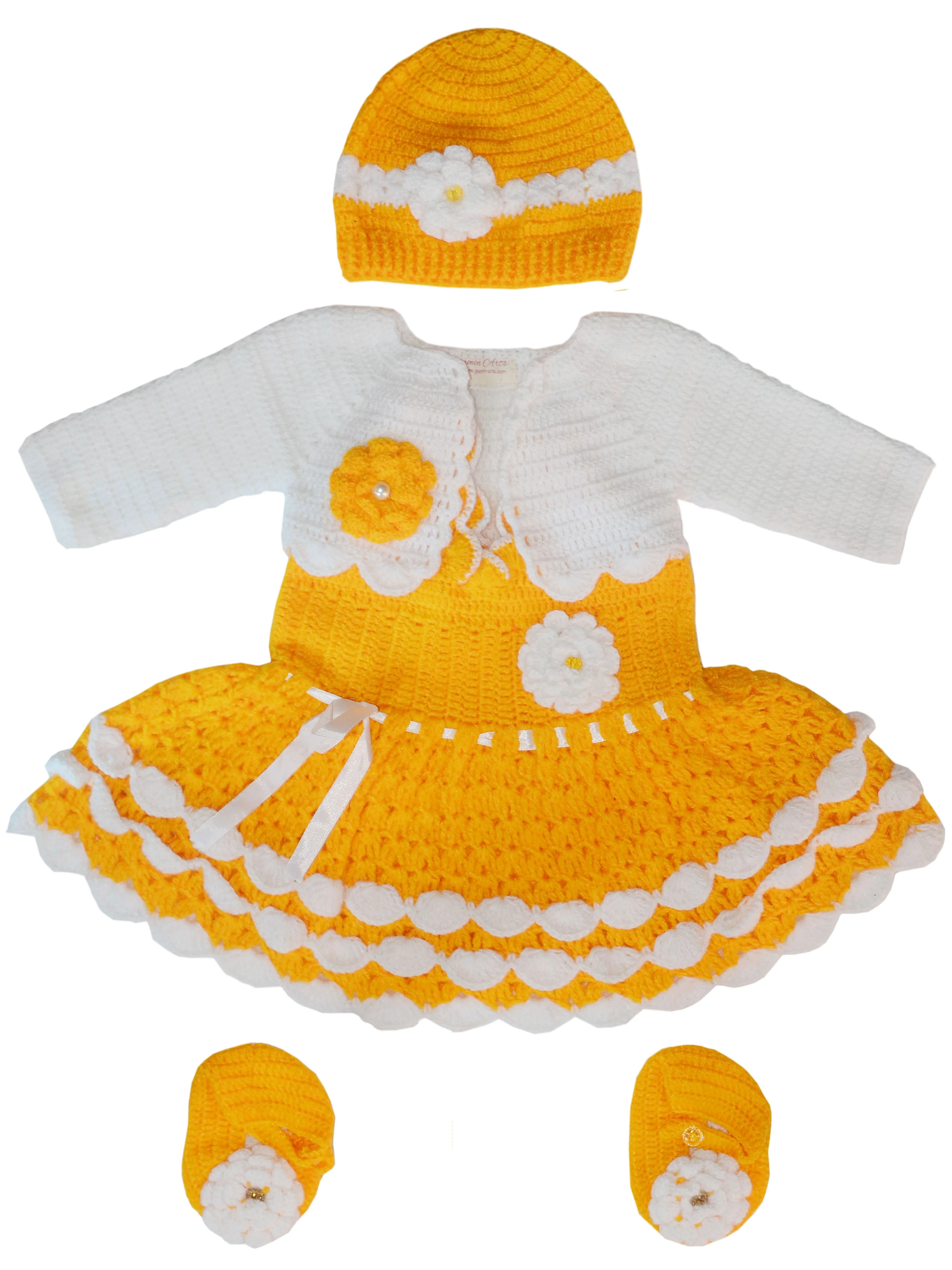 Elegant Style Crochet Handmade Baby Frock With Short Cardigan, Booties & Cap- Marigold & White