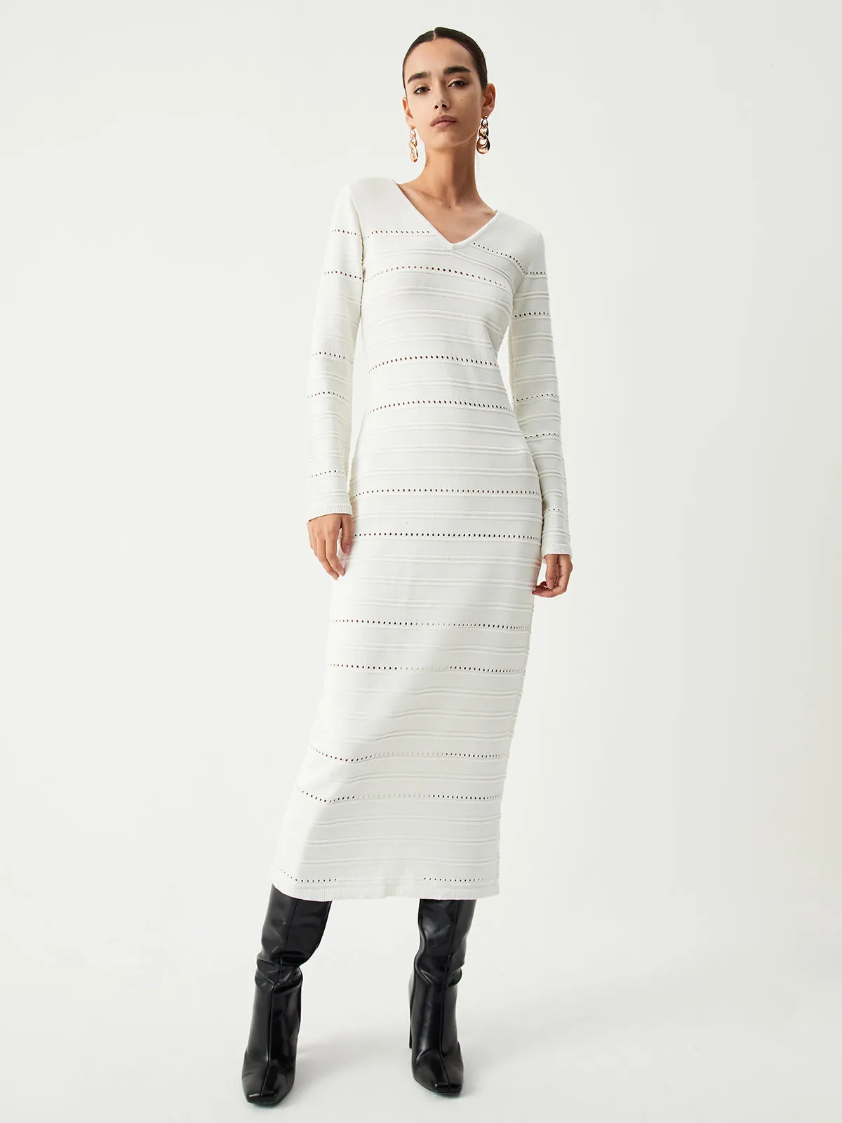 Eyelet Stripe Long Trendy Sleeve Long Sweater Dress