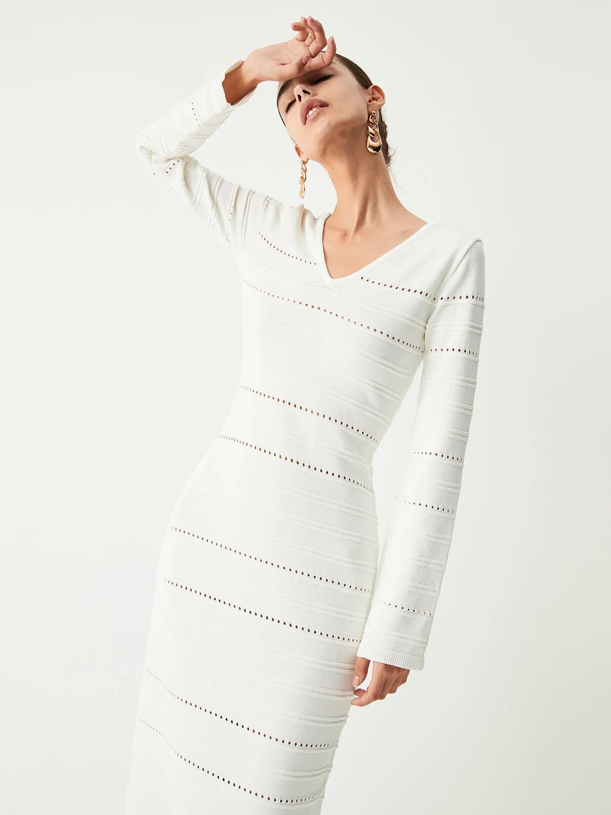 Eyelet Stripe Long Trendy Sleeve Long Sweater Dress