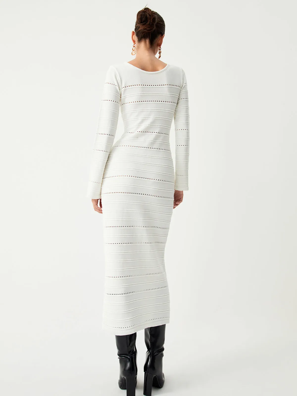 Eyelet Stripe Long Trendy Sleeve Long Sweater Dress