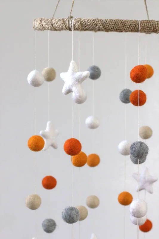 Felt Ball & Star Nursery Mobile- Orange- LARGE