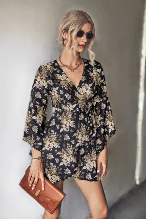 Floral Flare Sleeve Tie-Waist Dress