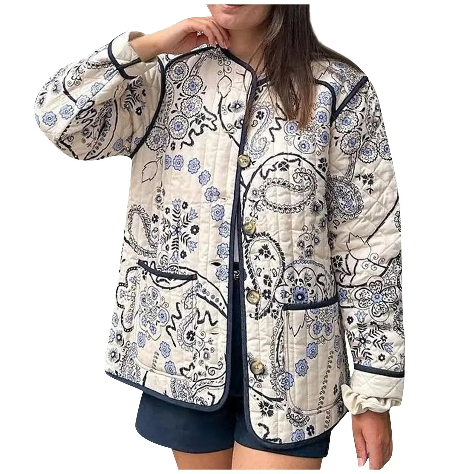 Floral Print Quilted Reversible Elegant Streetwear Autumn Long Sleeve Cotton Coat Jacket