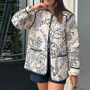 Floral Print Quilted Reversible Elegant Streetwear Autumn Long Sleeve Cotton Coat Jacket