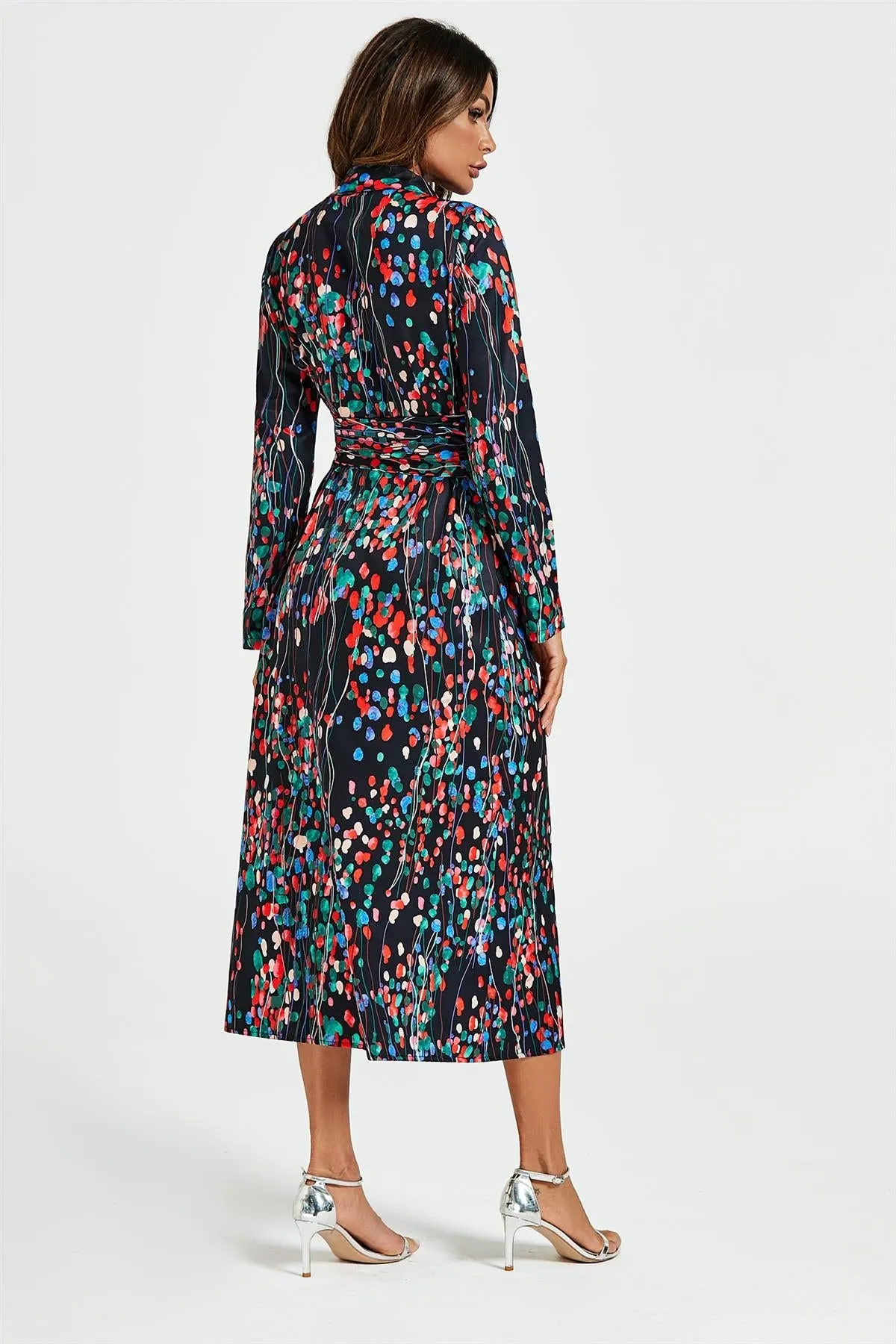 FS Collection Abstract Floral Print Shirt Midi Wrap Dress In Black