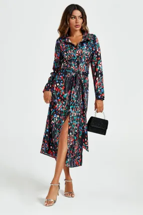 FS Collection Abstract Floral Print Shirt Midi Wrap Dress In Black