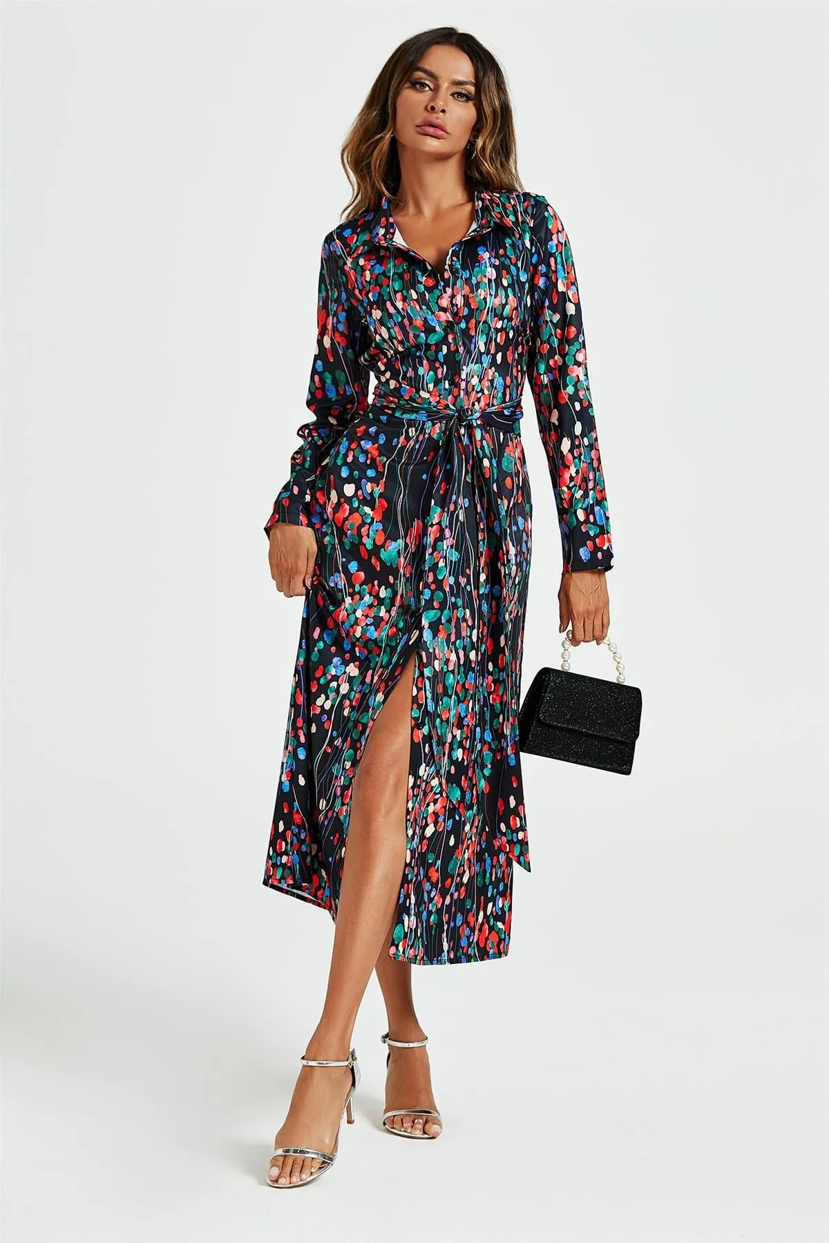 FS Collection Abstract Floral Print Shirt Midi Wrap Dress In Black