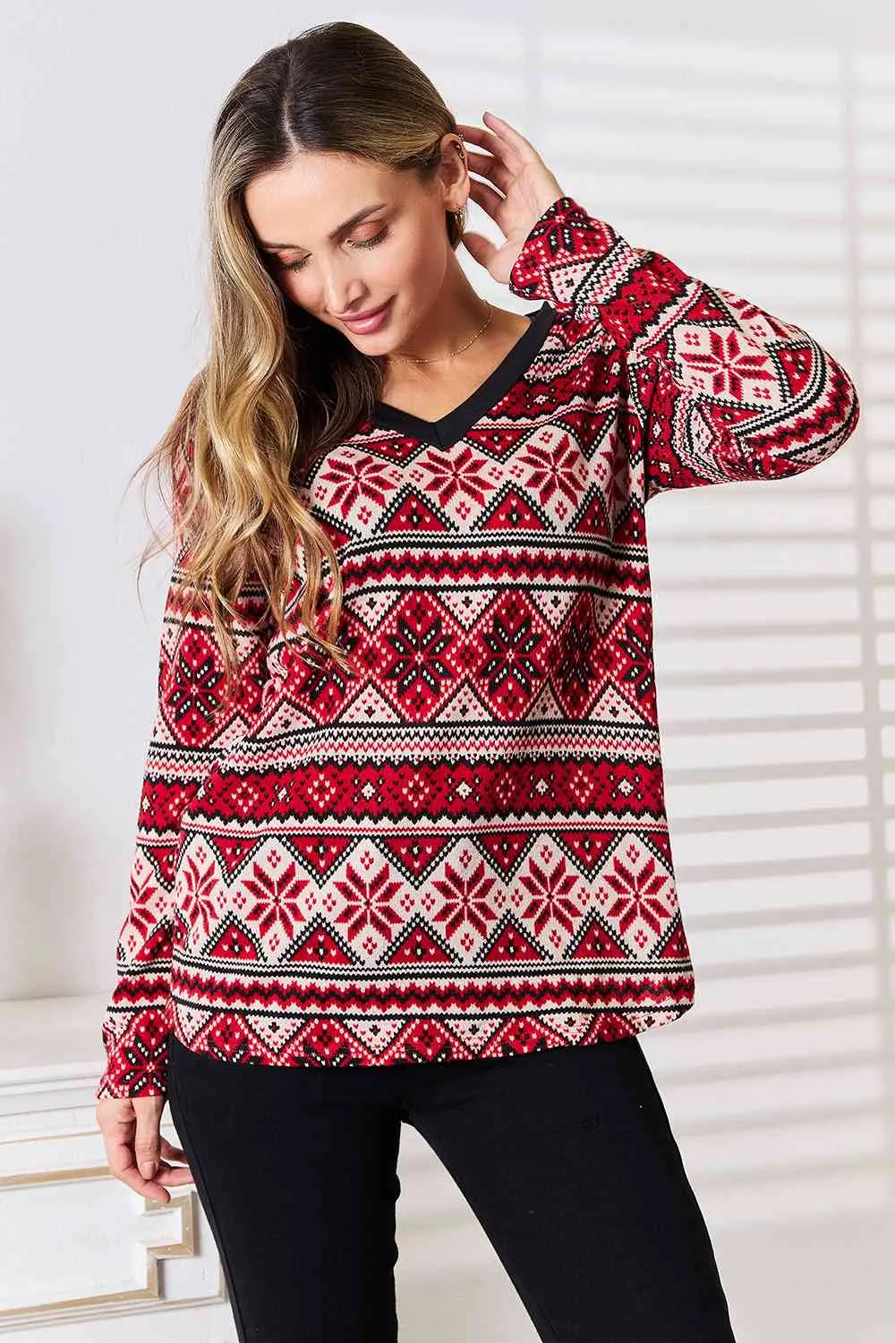 Full Size Snowflake Print Long Sleeve Top