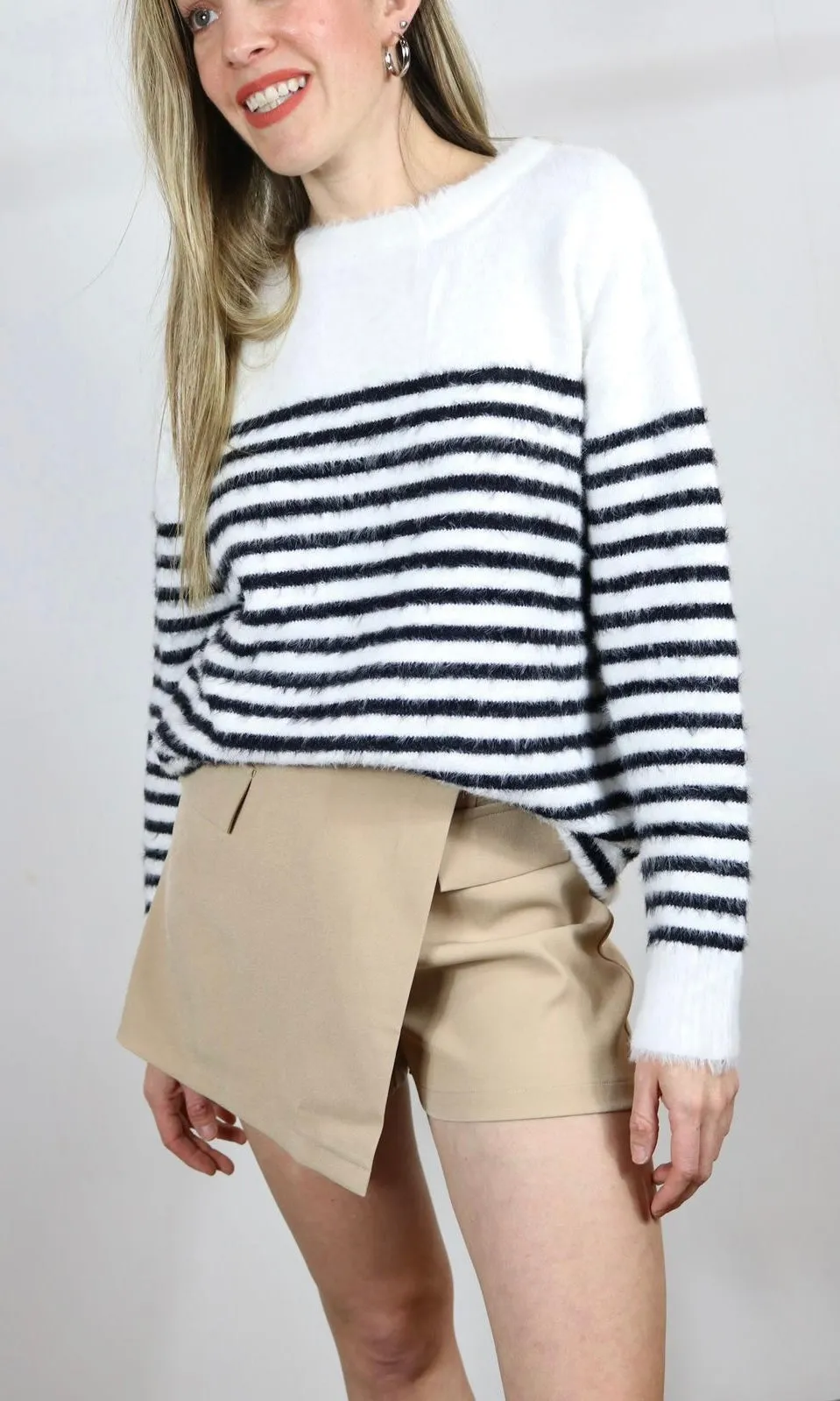 Fuzzy String Stripe Open Back Tie Sweater