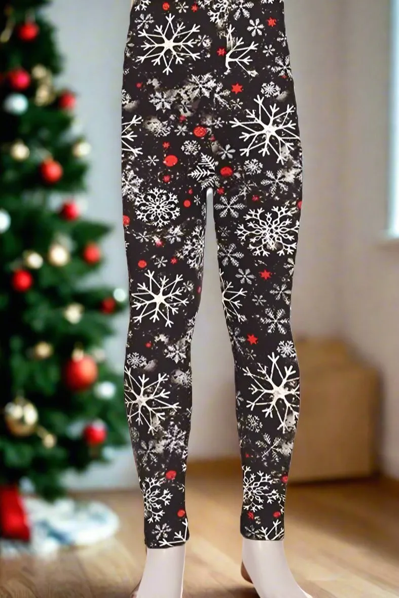 Girl Christmas Snowflake Leggings, Kids Yoga Pants, Sizes S/L, No-Roll Waist, Black/White