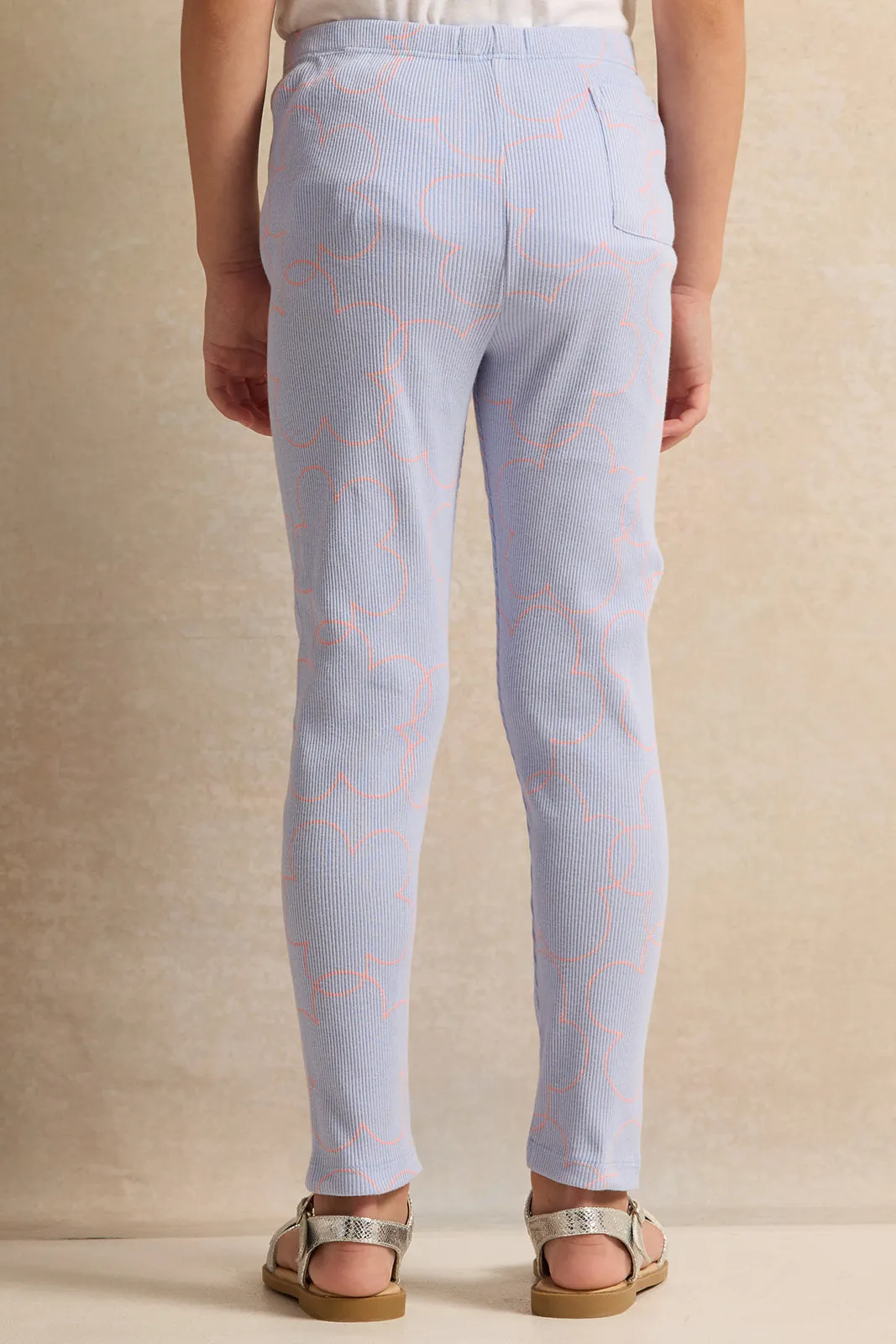 Girls Blue Floral Ribbed Leggings