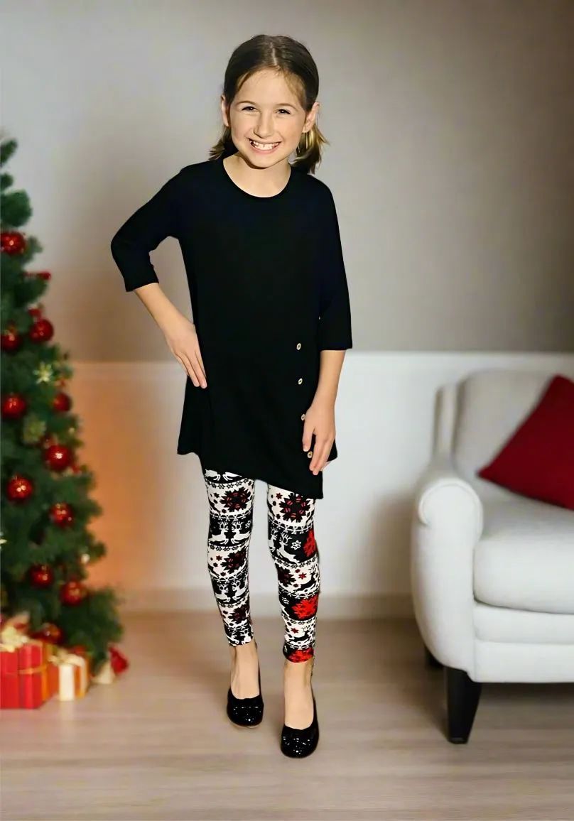 Girls Christmas Holiday Leggings, Kids Yoga Pants, Sizes S/L, No-Roll Waist, Black/Red/White