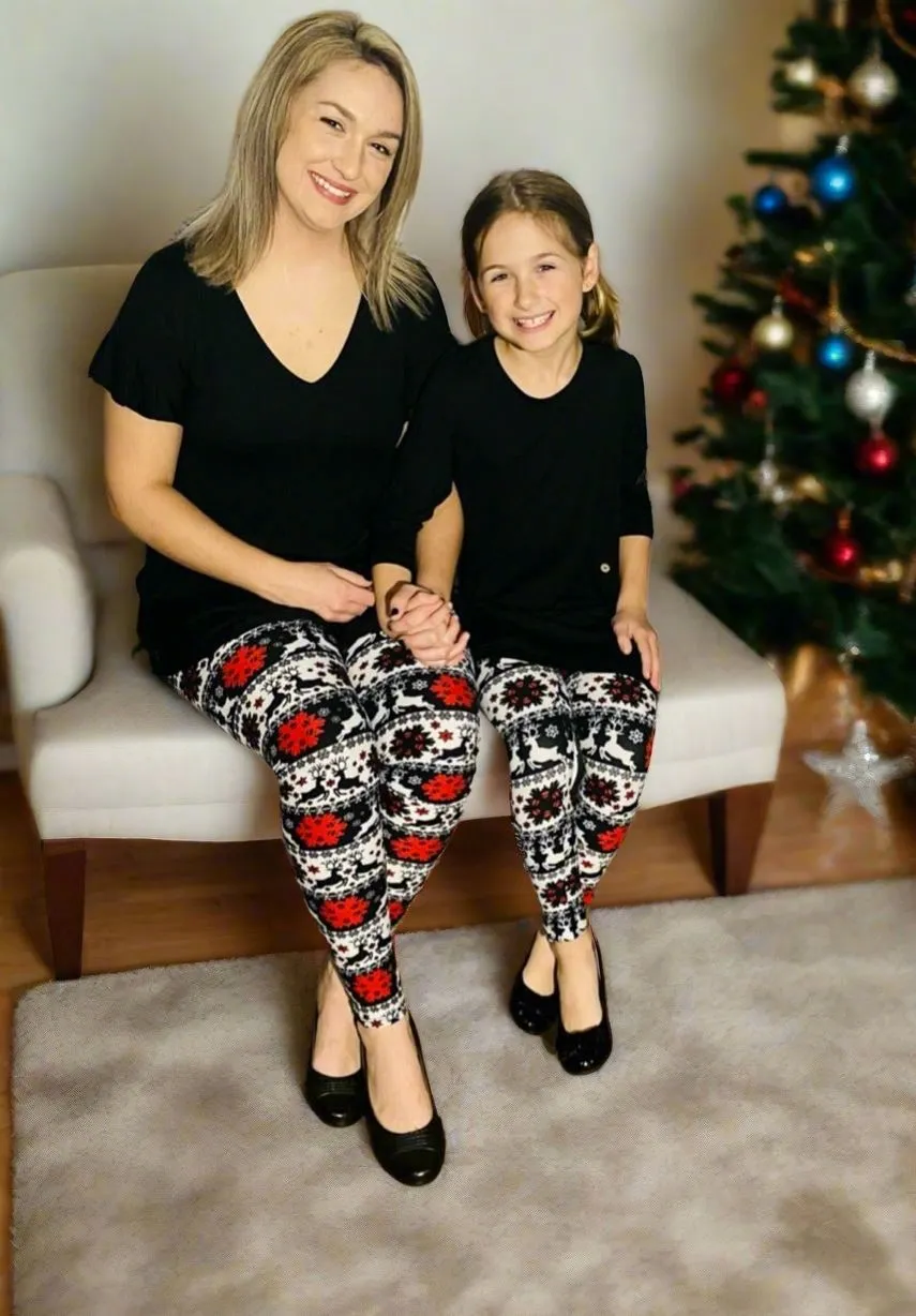 Girls Christmas Holiday Leggings, Kids Yoga Pants, Sizes S/L, No-Roll Waist, Black/Red/White