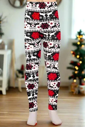 Girls Christmas Holiday Leggings, Kids Yoga Pants, Sizes S/L, No-Roll Waist, Black/Red/White